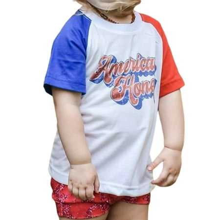 

Haite Girls Crew Neck US Flag T-Shirt Patriotic Letters Print Tee Shirts Holiday Short Sleeve Independence Day Tops
