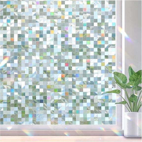 Stained Glass Window Privacy Film Mosaic Pattern, Frosted Glass Window Film Rainbow Decorative Sticker, Static Cling UV Blocking Suncatcher for Home, 17.5 x 78.7 Inches