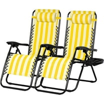 Nazhura Set of 2 Relaxing Recliners Patio Chairs Adjustable Steel Mesh  Lounge Chair Beach Chairs with Pillow and Cup Holder (Yellow Stripe)