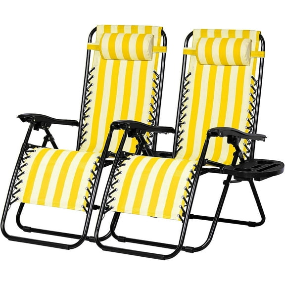Nazhura Set of 2 Relaxing Recliners Patio Chairs Adjustable Steel Mesh  Lounge Chair Beach Chairs with Pillow and Cup Holder (Yellow Stripe)