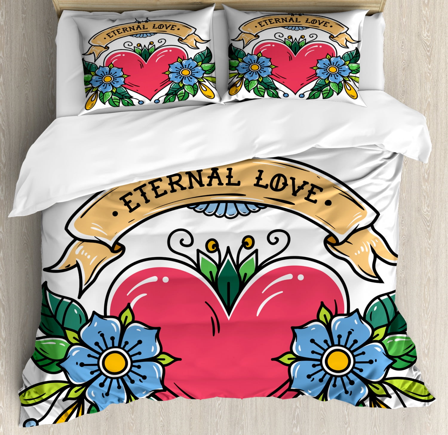 Old School Duvet Cover Set Queen Size, Heart Flowers and Open Winged ...
