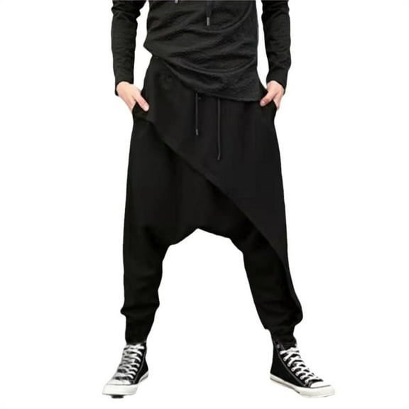 ​​Men's Drop Crotch Trousers Irregular Hem Loose Fit Casual Pants - Large Black​​