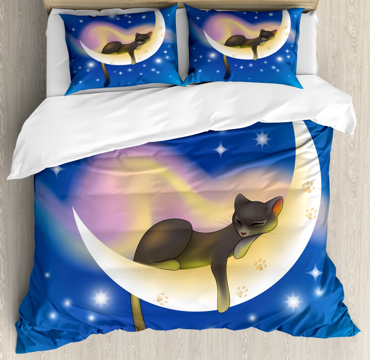 Cat Duvet Cover Set Queen Size, Cat Sleeping on Crescent Moon Stars ...