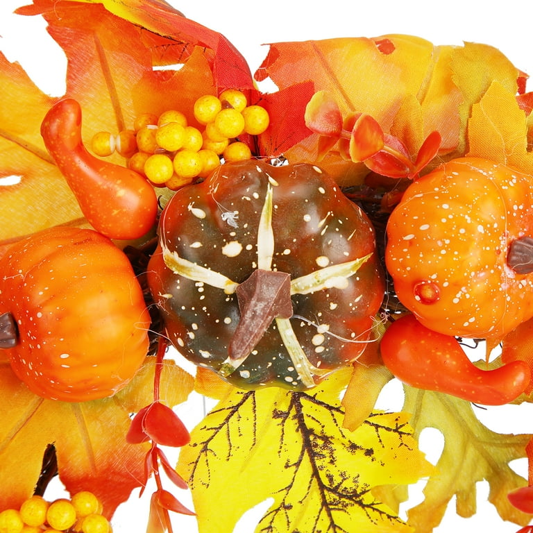 DADEA Artificial Leaf Pumpkin Wreath – Lifelike Fall Decoration For Front Door, Halloween & Christmas, 13.4x10.6 Inches