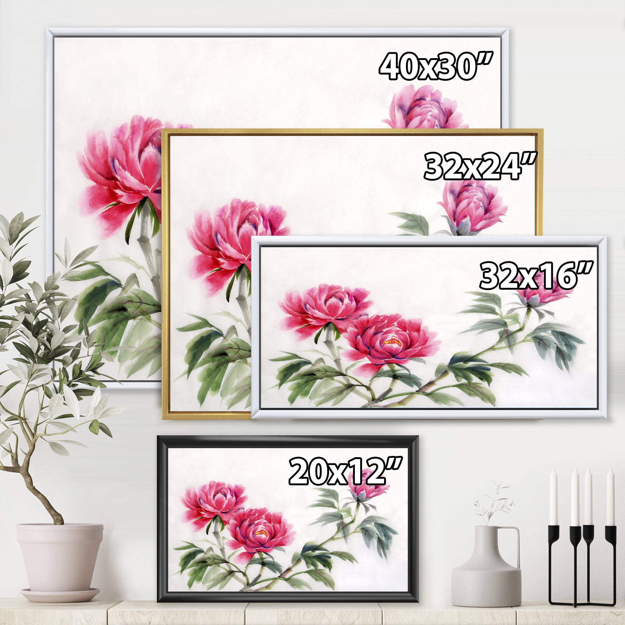 Designart 'Three Vintage Red Peonies Flowers' Traditional Framed Canvas Wall Art Print