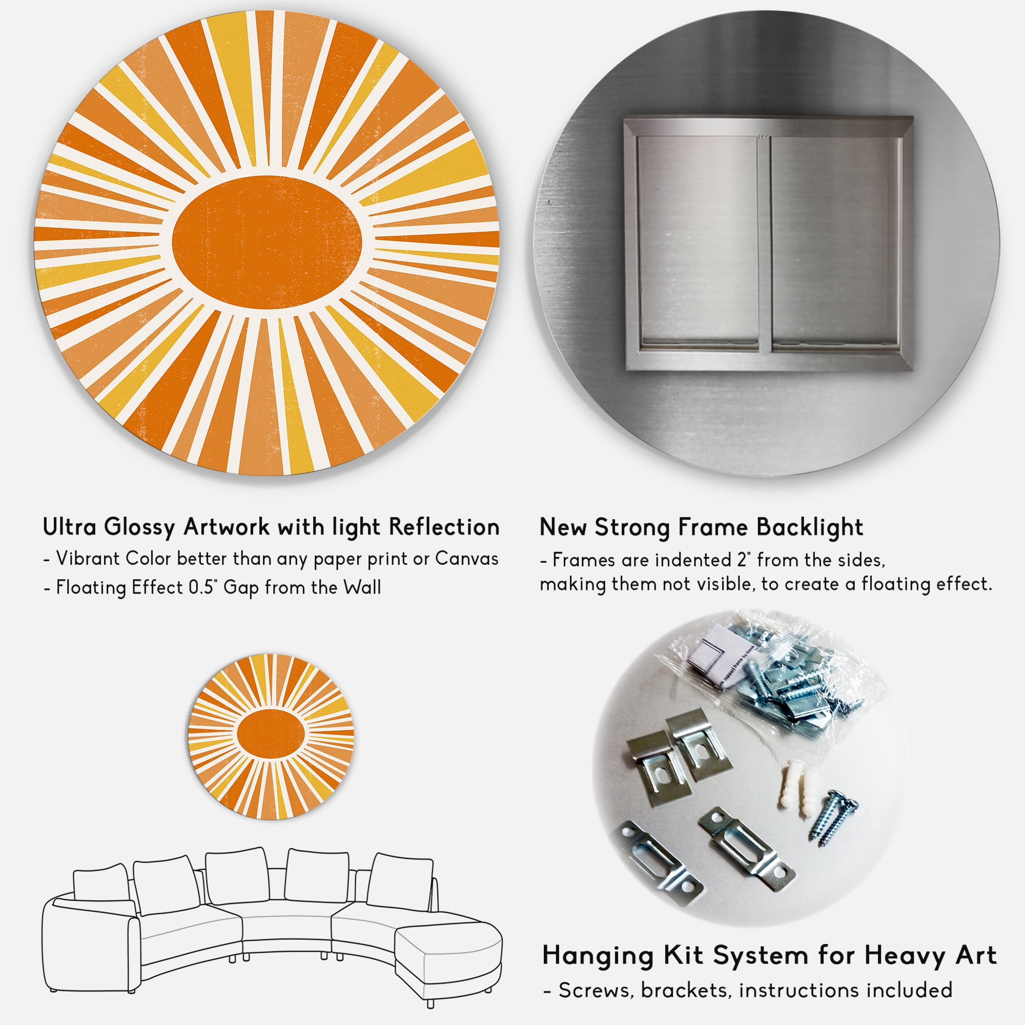 Designart 'Minimal Bright Shining Orange Sun Rays I' Modern Circle Metal Wall Art 23x23 - Disc of 23