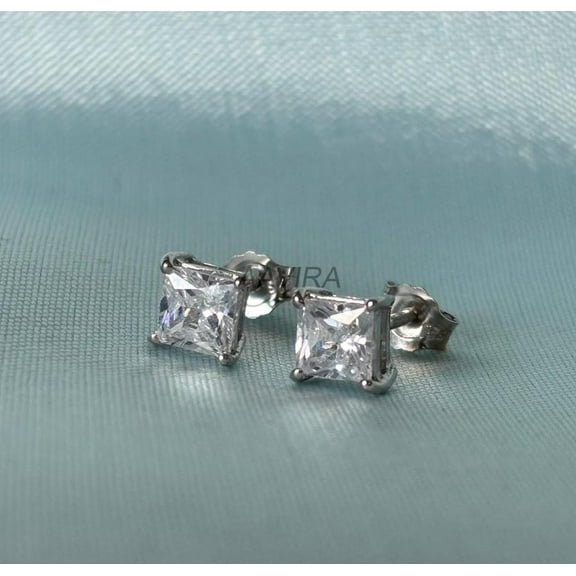 Princess Cut Diamond Stud Earrings, 6mm 925 Sterling Silver Solitaire Studs for Men & Women
