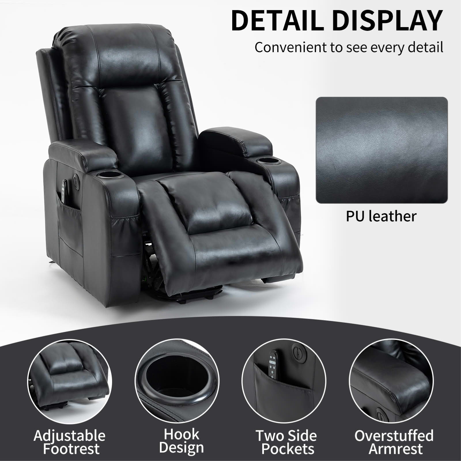 MAYEERTY Brown Chenille 350lbs Power Lift Recliner, Massage Heat USB-C 34"x39"x42" Wide Overstuffed for Elderly