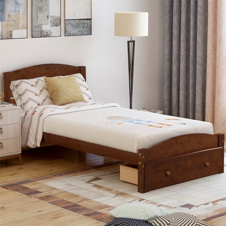 Wood Twin Bed Platform with Storage Drawer  Headboard and Footboard for Boys and Girls  Kids and Teens  Twin Bed Frame with Strong Slat Support  Easy Assembly  No Box Spring Needed  Walnut