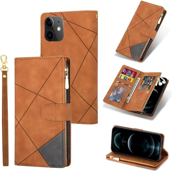Wallet Case for iPhone 11 6.1, Vintage Premium PU Leather Cover Flip Case with Card Slots Magnetic Closure Zipper Pocket Kickstand Handbag with Hand Strap - Brown