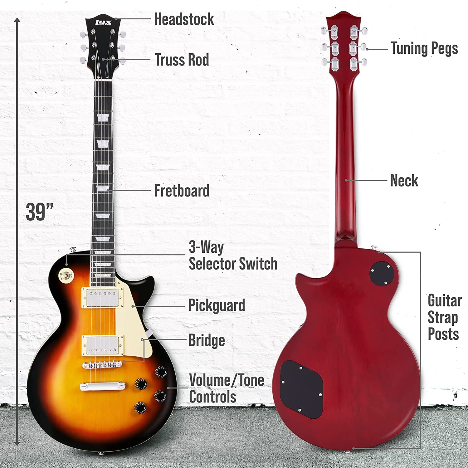LyxPro Les Paul Electric Guitar 39-Inch SB Series with Humbucker Tone
