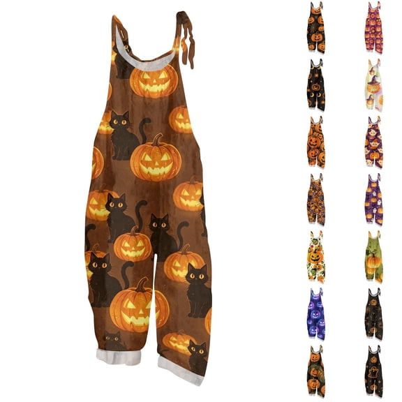 Evdexr Halloween Jumpsuits Womens 2026 Jack O Lantern Witch Hat Pumpkin Graphic Overalls Sleeveless Scoop Neck Wide Leg Costumes Spooky Lightweight Pants with Pockets S
