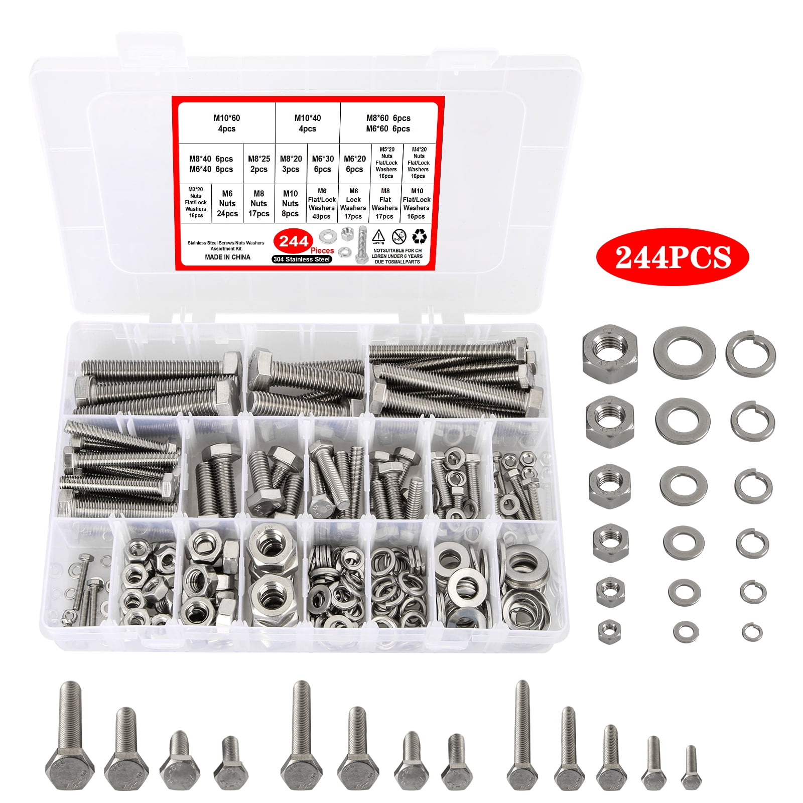 128 Pcs Hex Bolts, Nuts & Washers Assortment – Metric M6 M8 M10, Carbon Steel, Storage Box