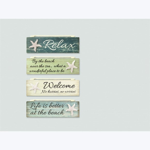 Young's Inc. Wood Nautical Block Signs - 8'' L x 2'' H - Beach Accessories - Wood Wall Art - Set of 4
