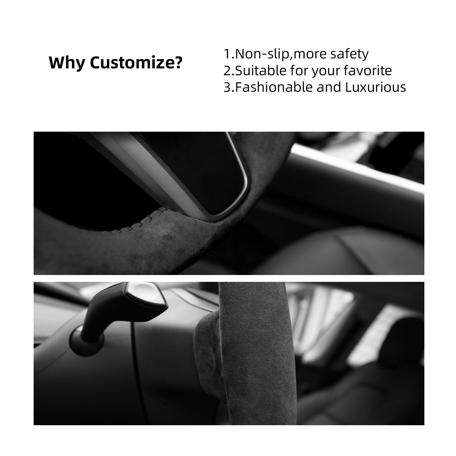 Alfanxi Hand Stitch Sewing Italy Alcantara, Black Thread, Steering Wheel Cover for Tesla Model 3 or Model Y 2018-2023