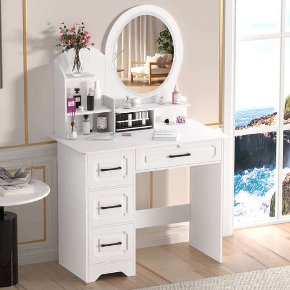 solautey Big Modern Vanity Desk with Mirror,Makeup Vanity Desk with 4 Drawers and Storage Shelves & LED Light, Dressing Table with Wide Top, White