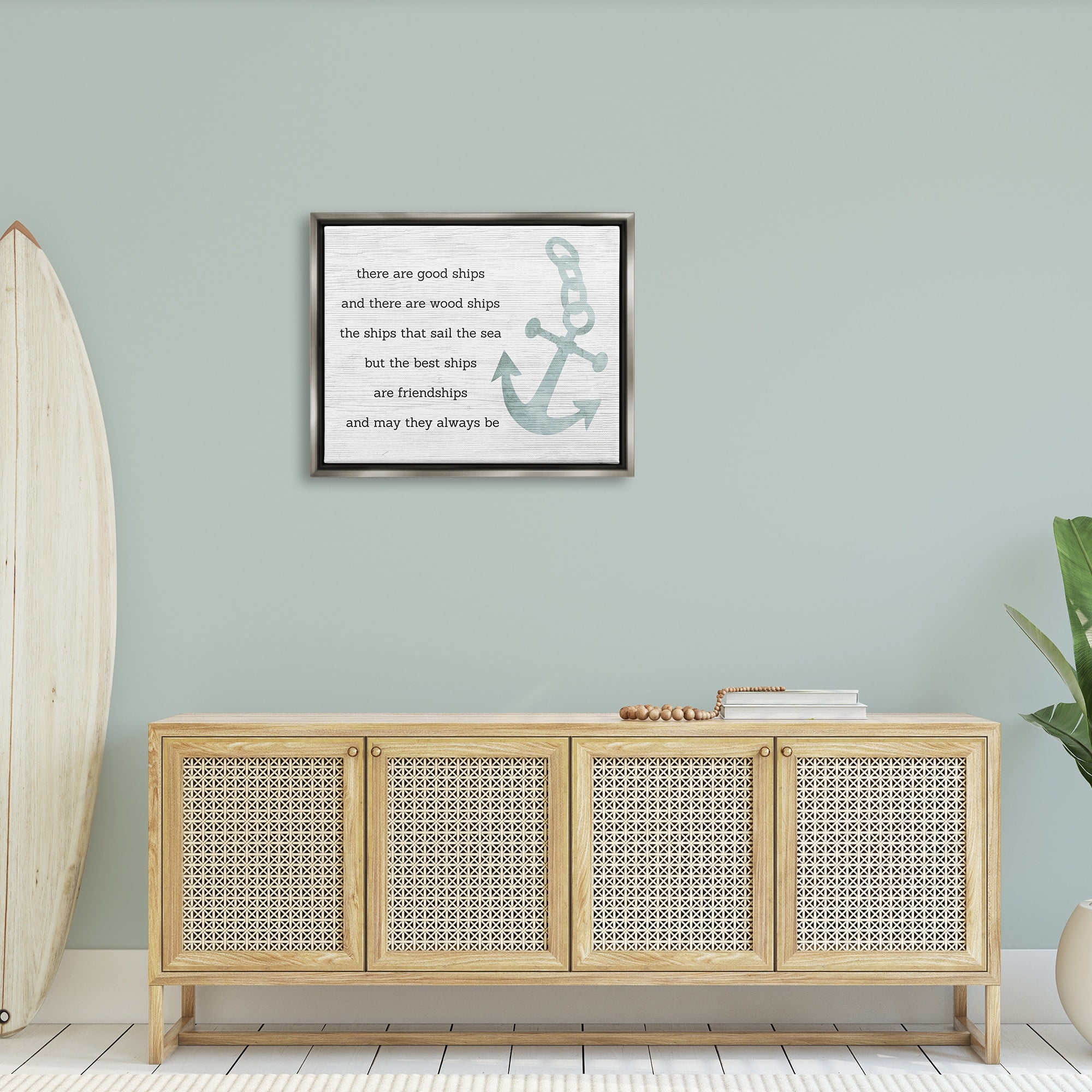 Stupell Industries Inspirational Friendship Quote Boat Ship Anchor Silhouette Graphic Art Luster Gray Floating Framed Canvas Print Wall Art, Design by Daphne Polselli