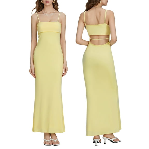 Baby Sweetie Women Spaghetti Strap Long Cami Dress Slim Fit Adjustable Solid Color Dresses for Party Club Wedding Night