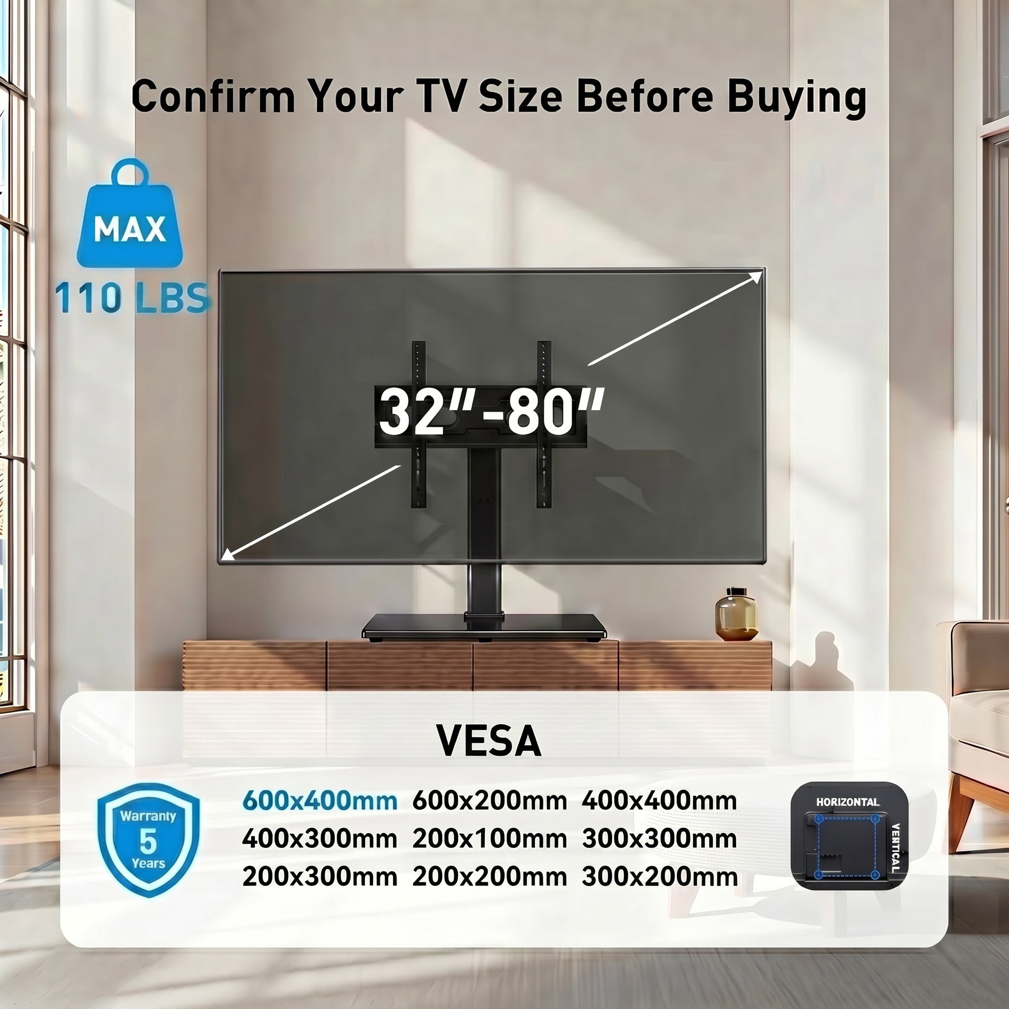 MountFTV Universal Table Top TV Stand for 32-80" Flat Screen TVs,  Max 600x400mm, Up to 110 lbs, Tabletop TV Mount with 9 Height Adjustable, Alloy Steel Glass Base