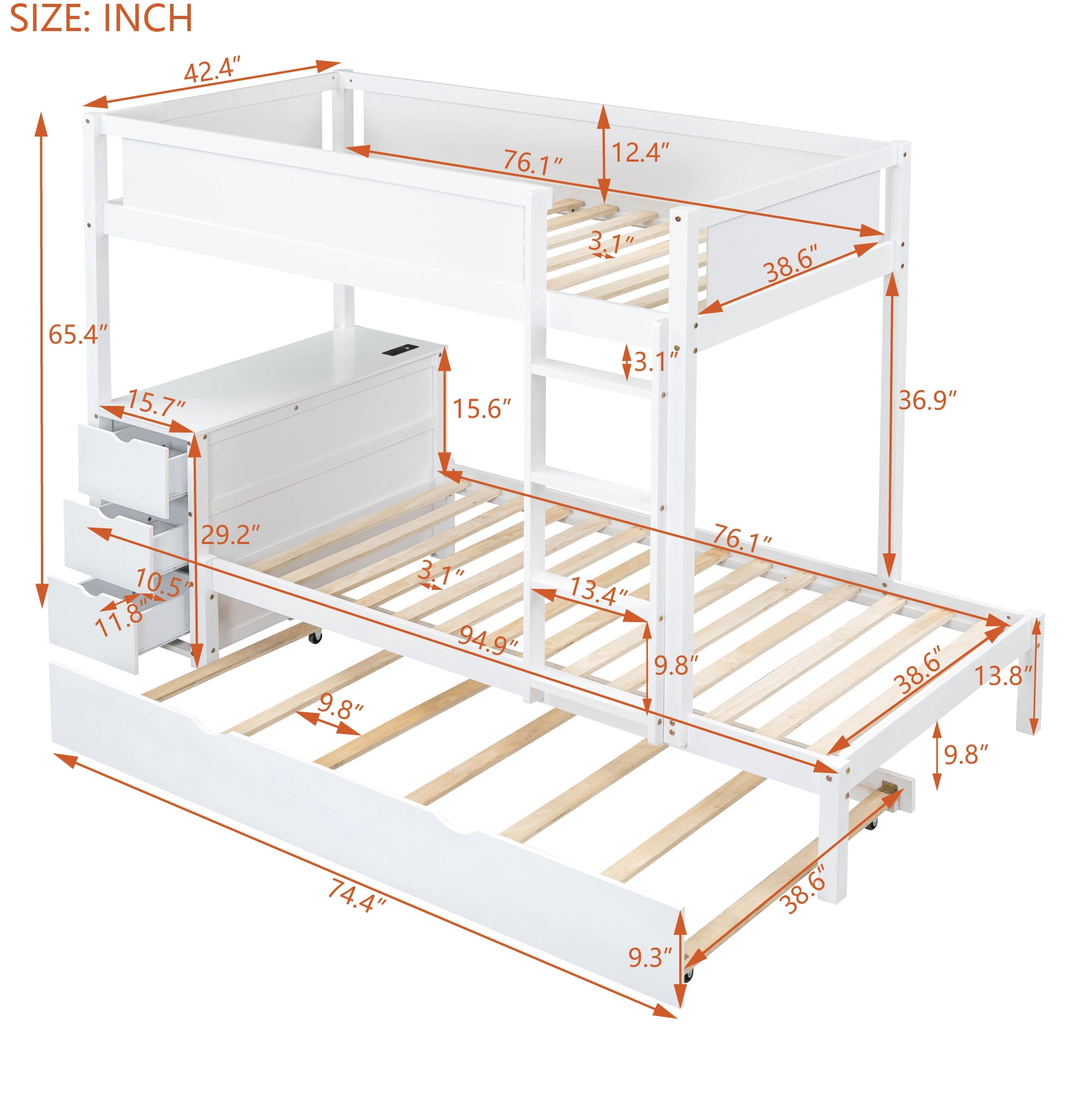 Aukfa Twin Over Twin Bunk Bed with Trundle and USB Charging Station, Wood Bed Frame with Build-in Desk&Storage Drawers for Kids Bedroom, White