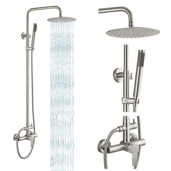 gotonovo Robinet de Douche Extérieur SUS304 Système de Montage de Douche Ensemble Combo Pluie Pomme de Douche Seule Poignée Haute Pression Pulvérisation Murale Montage 2 Fonction Nickel Brossé 8 Pouces Pluie Pomme de Douche Kit