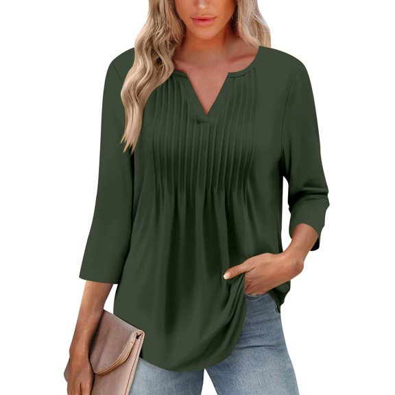 Tittly Shirts for Women Long Sleeve Shirts for Women 3/4 Sleeve Blouses For Women Casual V Neck Summer Tops For Women With Leggings Pleated Curved Tunic Tshirts Shirts Workout Shirts Green L