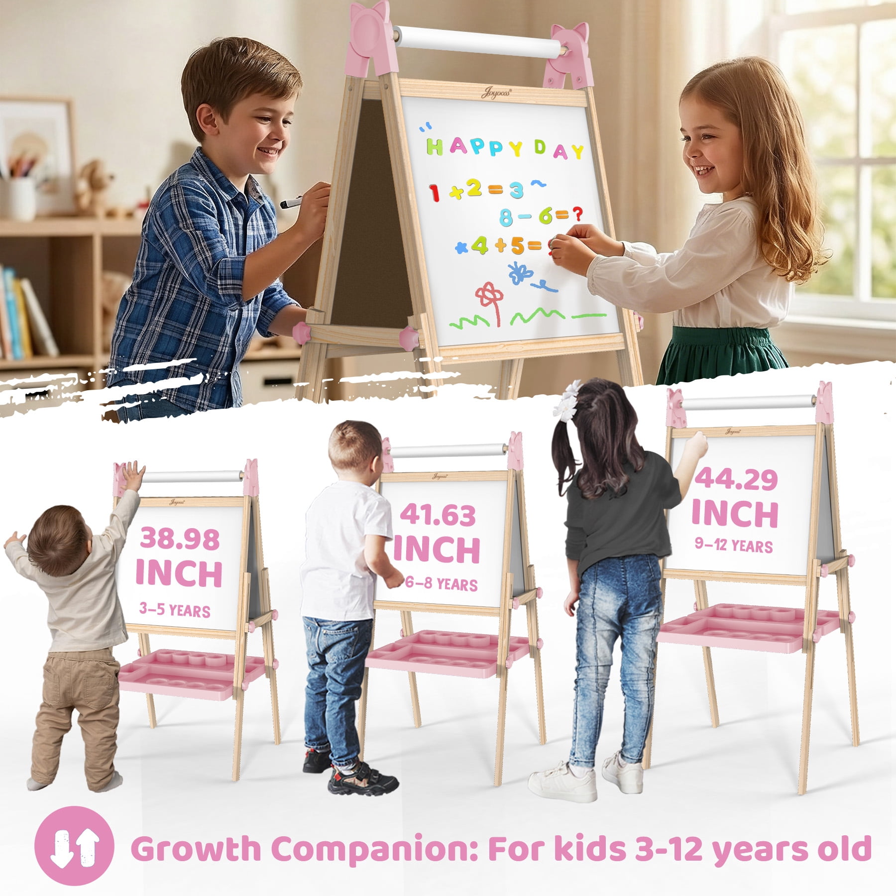 JOYOOSS Easel for Kids Ages 4-8 Easels for Toddlers Art Kids Easel Age 8-12 Wooden Drawing Easels Double-Sided Magnetic Whiteboard Chalkboard with Paper Roll for Kid Dry Erase Board P