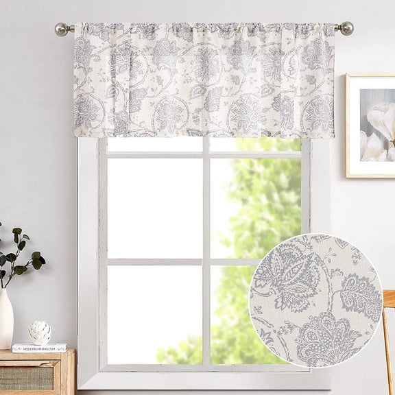 Curtainking Farmhouse Kitchen Valance Rustic Floral Rod Pocket Light Filtering Semi-Sheer Valance, 50" x 18", Gray on Beige