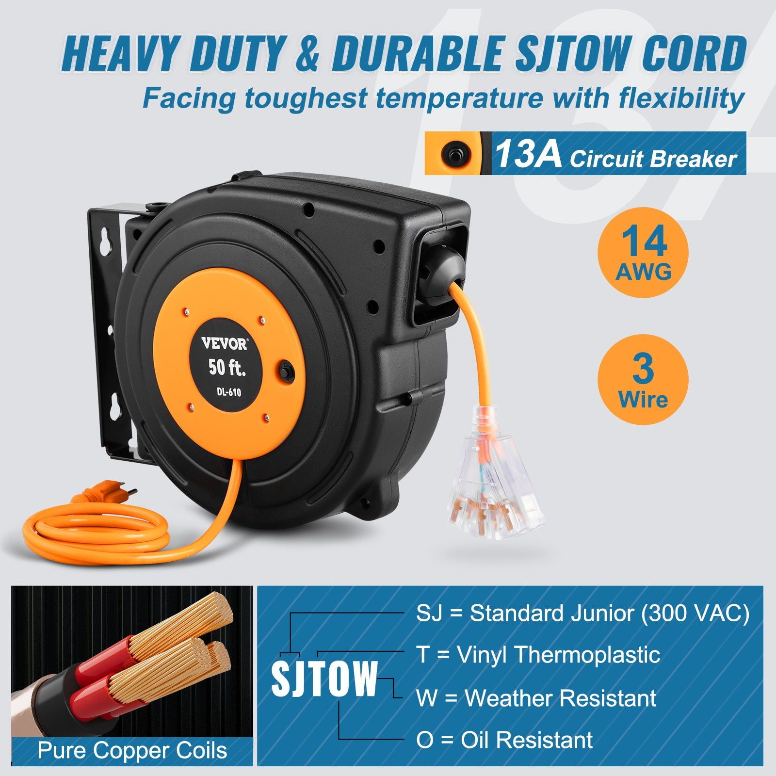 Retractable Extension Cord Reel 50FT 14AWG/3C SJTOW Cable with Lighted Triple Tap, 13A Circuit Breaker, Auto Retract, 180° Swivel Wall/Ceiling Mount, UL Certified, Indoor/Outdoor Power Supply Use