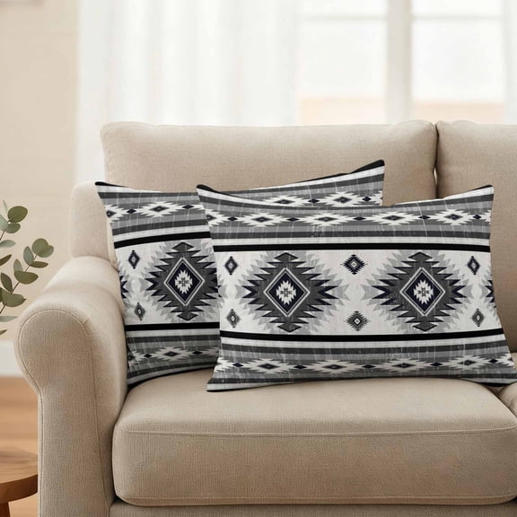 Pack of 2 Outdoor Pillow Covers 20x12 Inch Waterproof Gray Boho Throw Pillow Covers,Decorative Couch Pillow Shams Protectors Southwestern Ethnic Aztec Retro Geometric Patio Pillowcases Cushion Covers