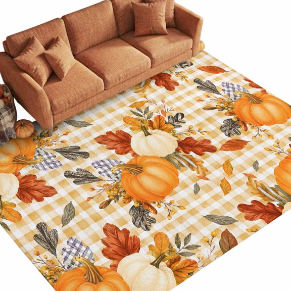 Thanksgiving Fall Washable Area Rug 5 x 8 ft Rustic White Orange Pumpkin Leaves Gingham Soft Non‑Slip Rugs Stain Repellent Indoor Mats for Spacious Family Room, Long Dining‑Table, Sunroom