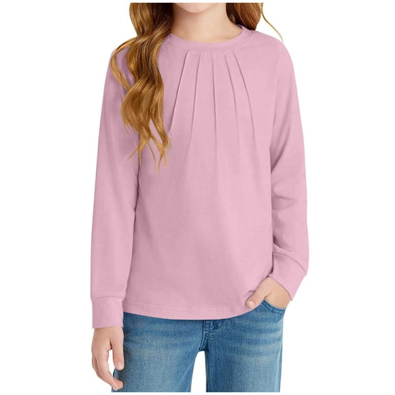 yoeyez Girls Long Sleeve Shirts Cute Crewneck Pleated Blouses Casual Solid Color Loose Fit Pullover Tops Fshion Spring Going Out Clothes for Children Girl Army Green 7-8 Years