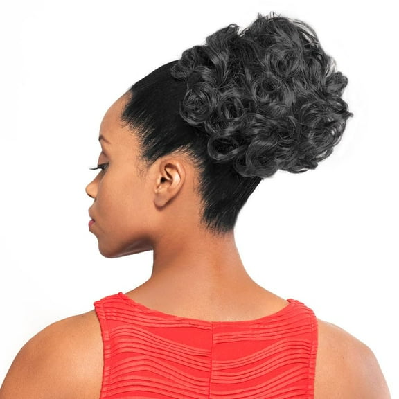 DS04 Curly Ponytail Color 1 Black - Foxy Silver Wigs 6" Short Length Drawstring Larger Curls Hairpiece Extension Synthetic Black Grey Bun Womens Bundle MaxWigs Booklet