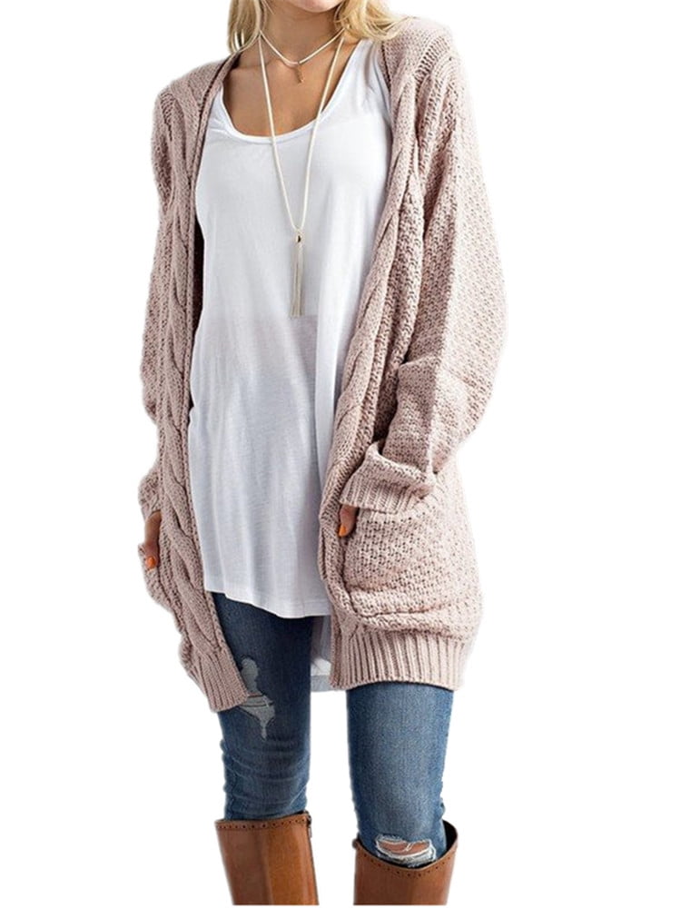 Autumn Winter Open Front Women Long Sleeve Knit Cardigan with Pocket ...