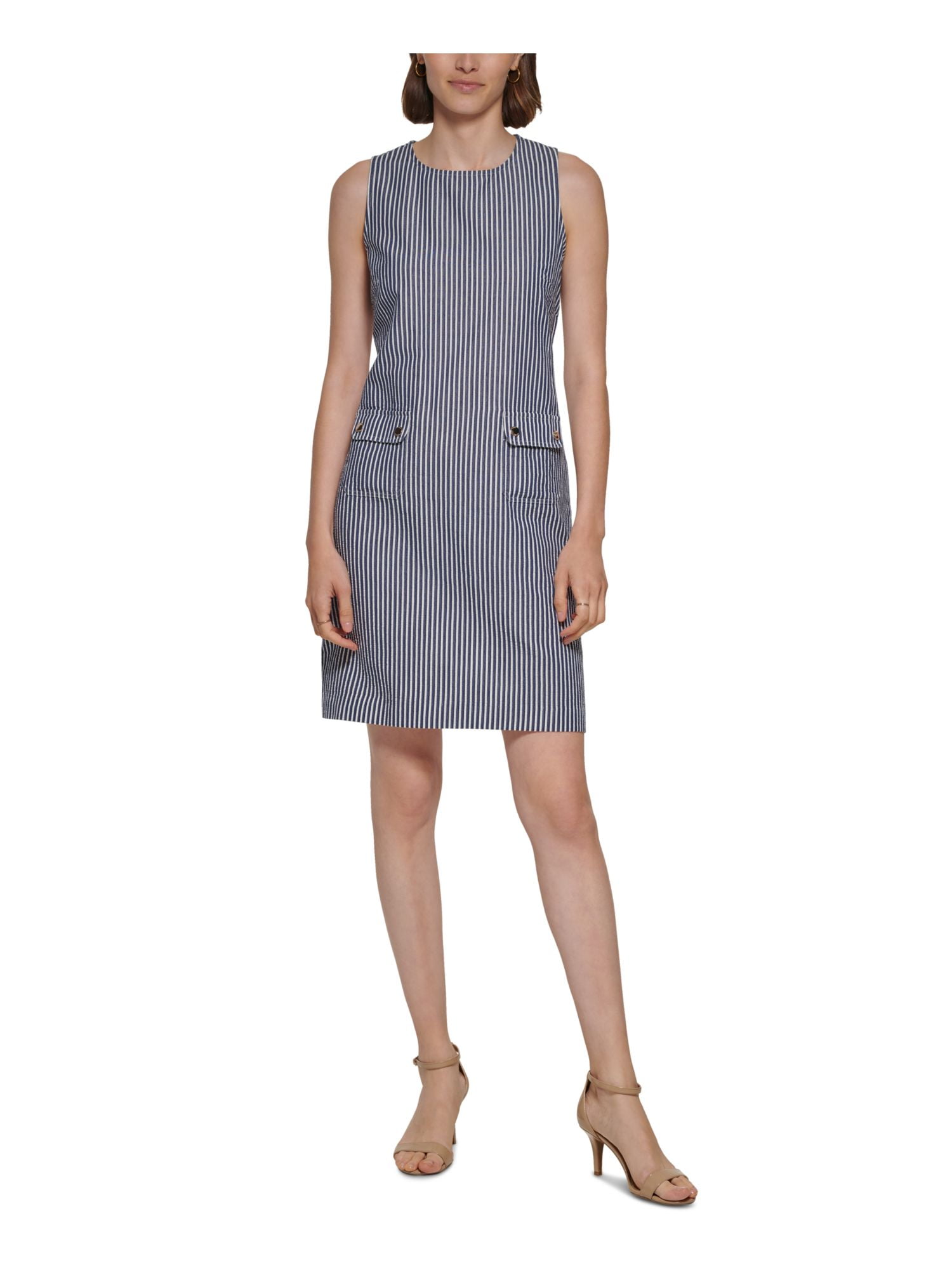 Tommy Hilfiger Women's Zippered Ruffled Tie Belt Floral Sleeveless Round Neck Midi Fit Flare Dress Blue Size 8