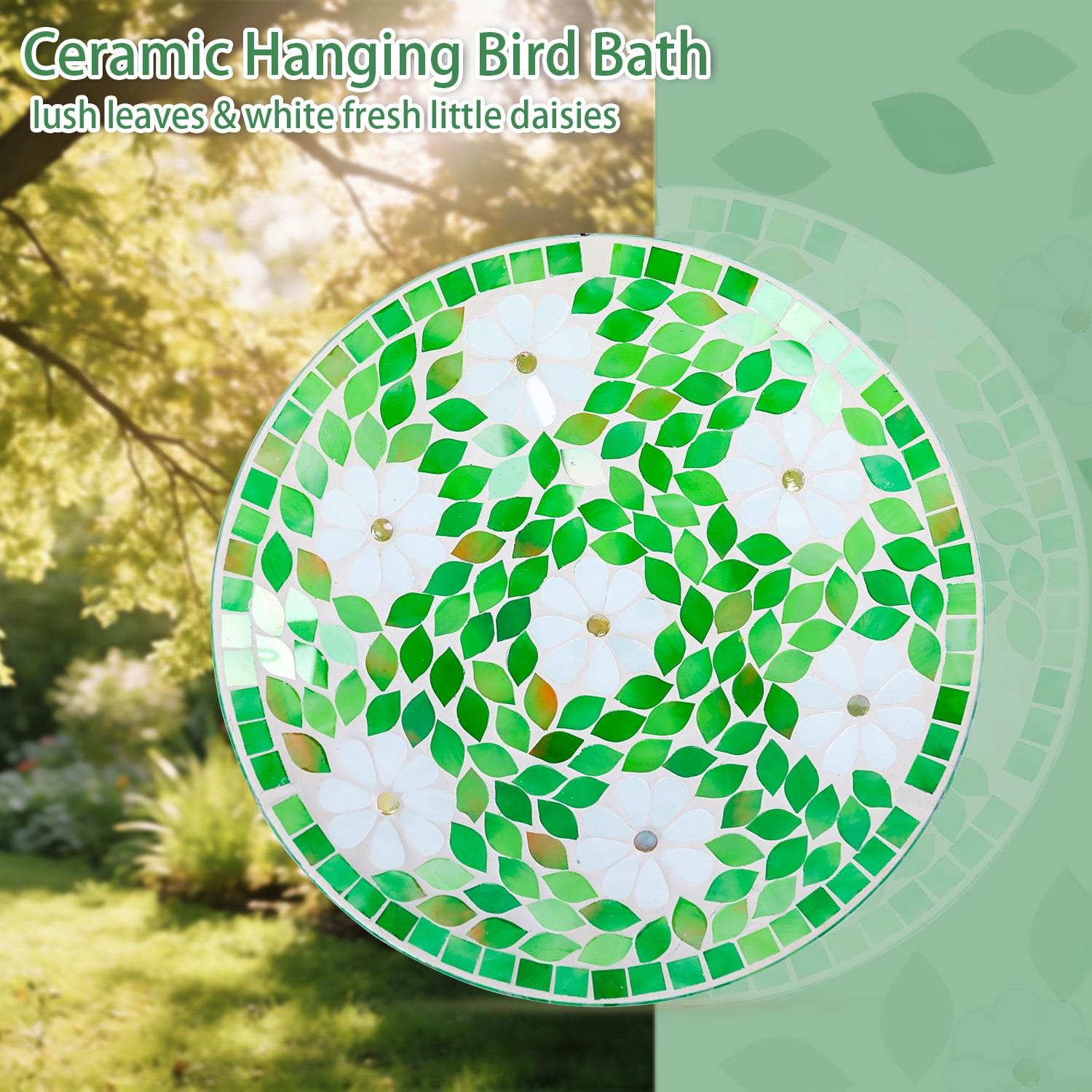 Hanging Bird Bath, Glass Mosaic Bird Baths for Outdoors Birdfeeder with 21 inch Rust-Proof Chain for Garden Yard Decor