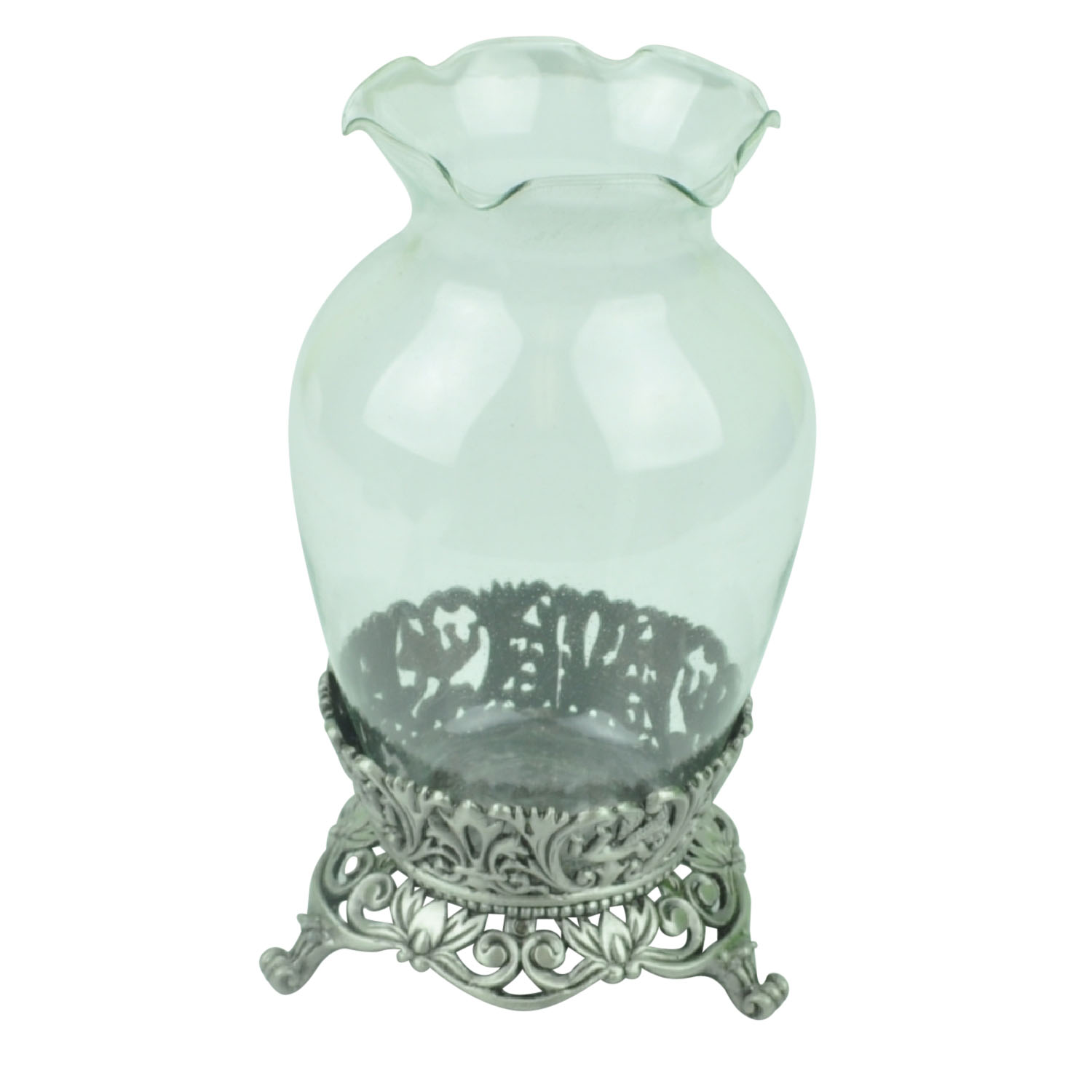 Clear Glass Urn Classic Flower Vase Cast Metal Base Glory Land Pewter