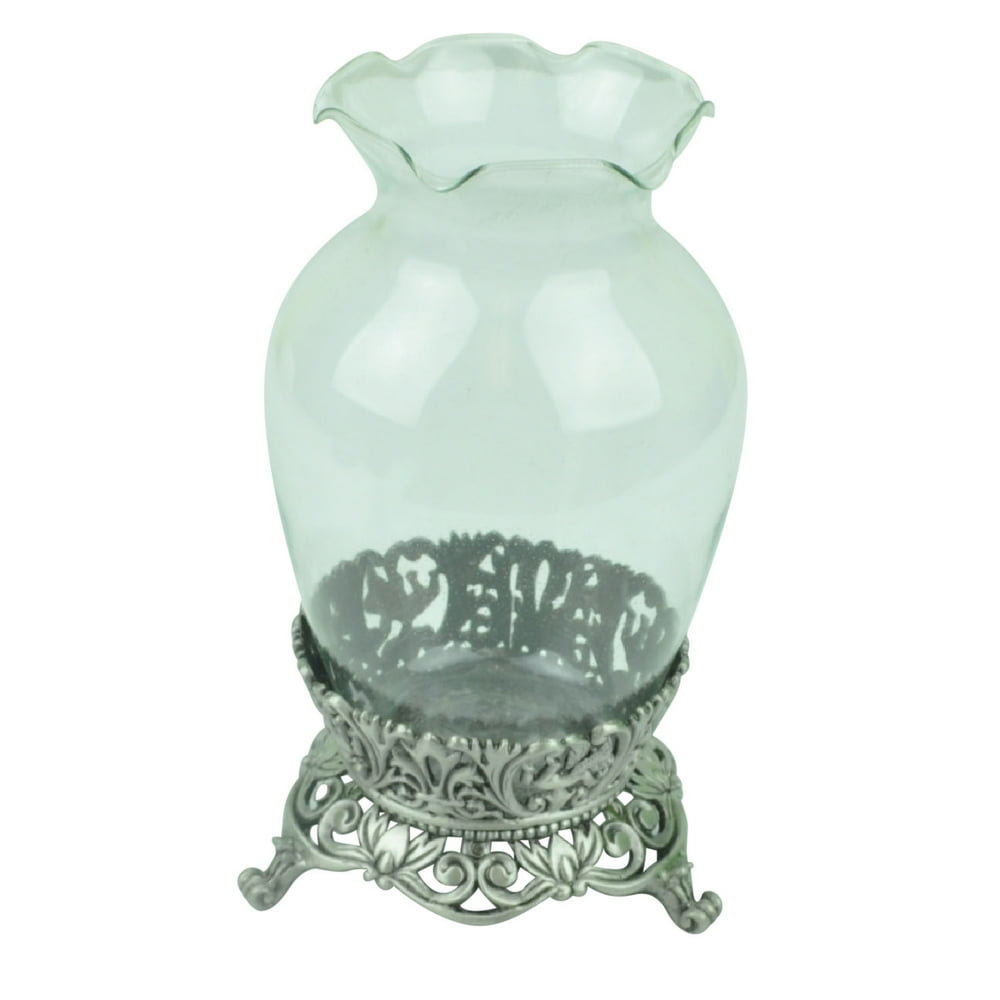 Clear Glass Urn Classic Flower Vase Cast Metal Base Glory Land Pewter