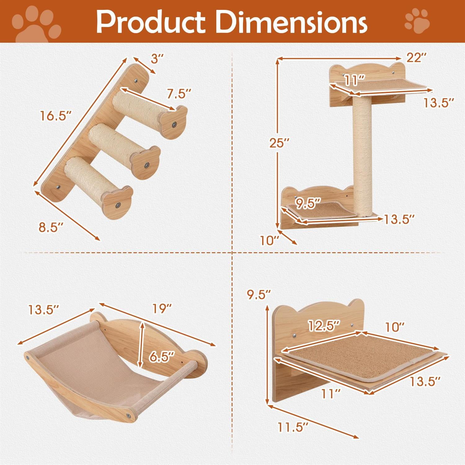 Pefilos Cat Wall Furniture Set of 4, Hammock & 2-Step Cat Tree, Perch & Solid Plywood, Natural (Brown)