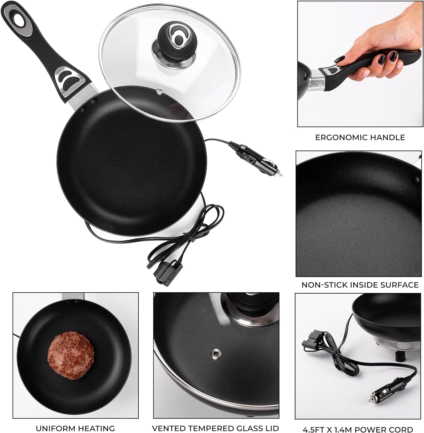 Zone Tech 12V Stainless Steel Frying Pan, 7.5-inch Portable Non-stick Frying Pan with Glass Vented Lid, Stay-cool Handle, Rapid Heat Up, Perfect For Camping, Picnic and more