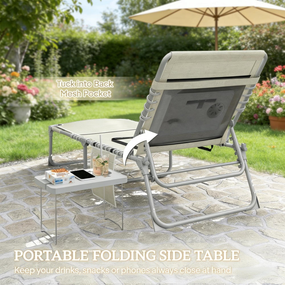 4-Piece Outdoor Lounge Set 2 Folding Loungers & 2 Side Tables 5-Position Adjustable Backrest Face & Arm Holes Breathable Mesh Pool Beach Chairs with Carry Strap