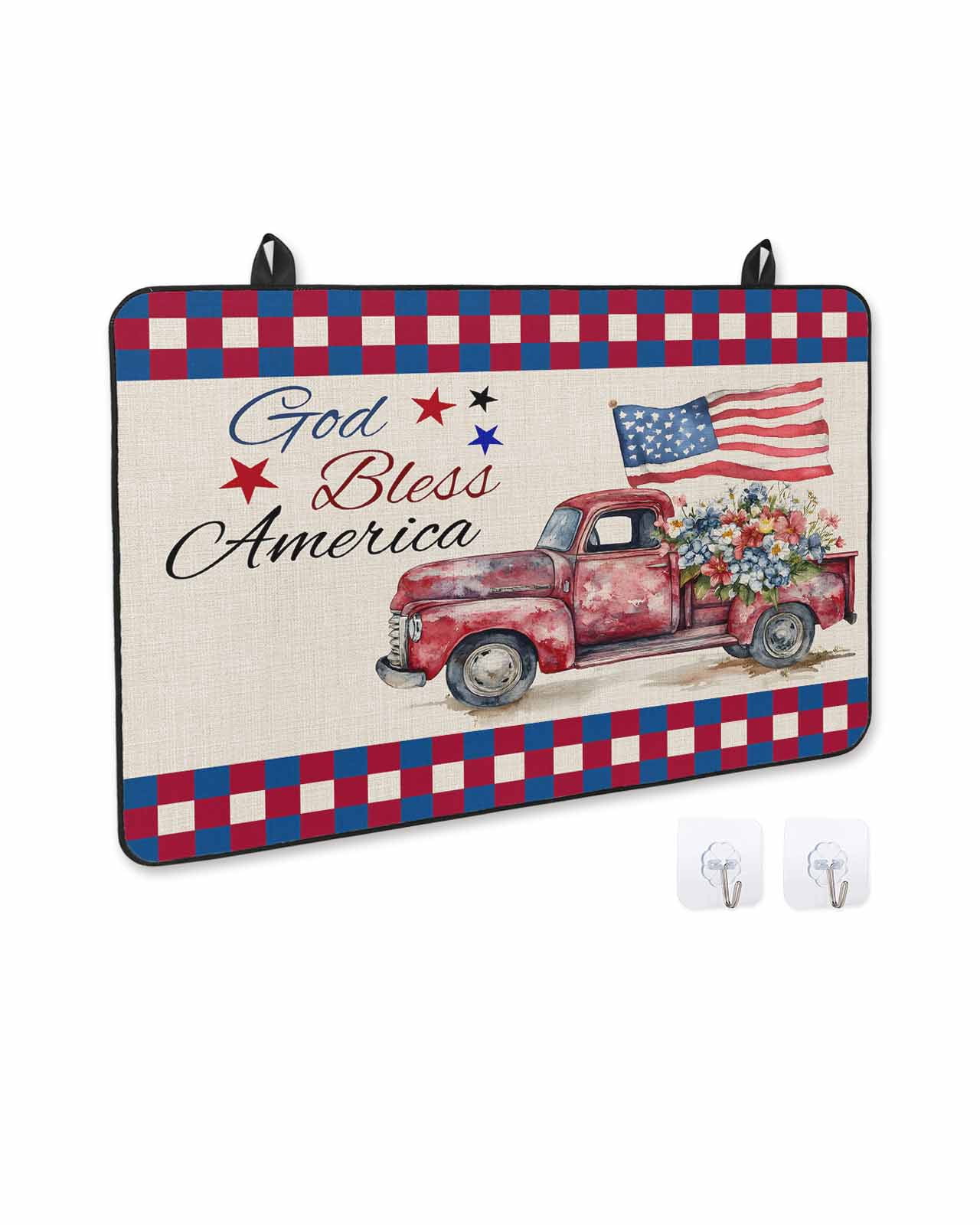 nqOlkjepod Large Induction Cooktop Protector Mat 24"x21", 4th of July Stove Top Covers for Electric Stove, Red Blue Plaid Truck Floral Star Rustic Stove Burner Cover Mats, Glass Top Stove Cover