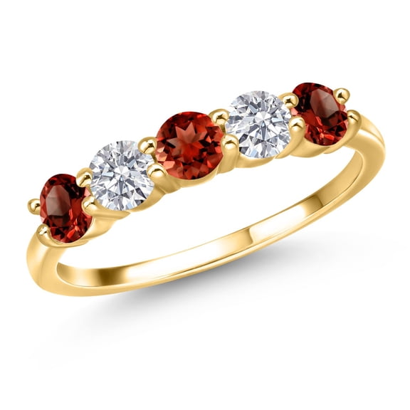Gem Stone King 18K Yellow Gold Plated Silver Red Garnet and E - F Lab Grown Diamond Wedding-Bands Ring for Women | 1.65 Cttw | Round 4MM | Gemstone January Birthstone | Size 5
