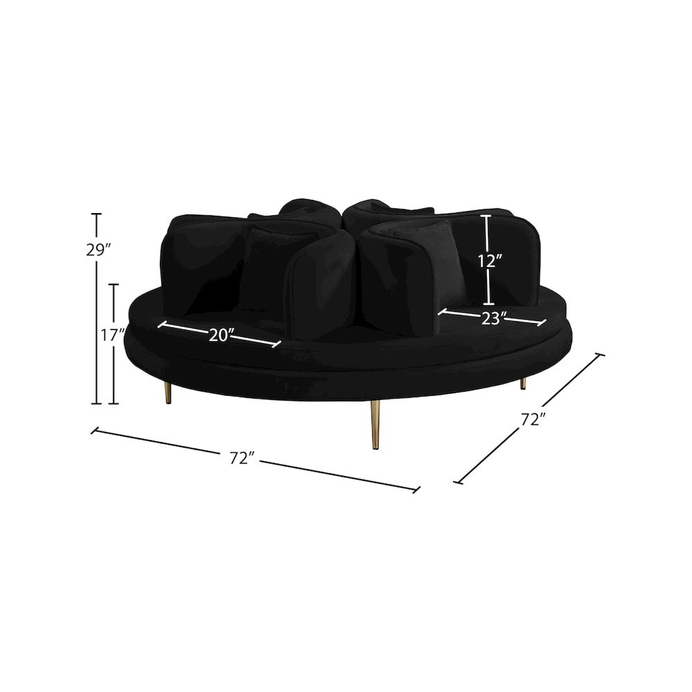 Meridian Furniture Circlet Roundabout Sofa with Pillows, Black Velvet and Gold Iron Legs