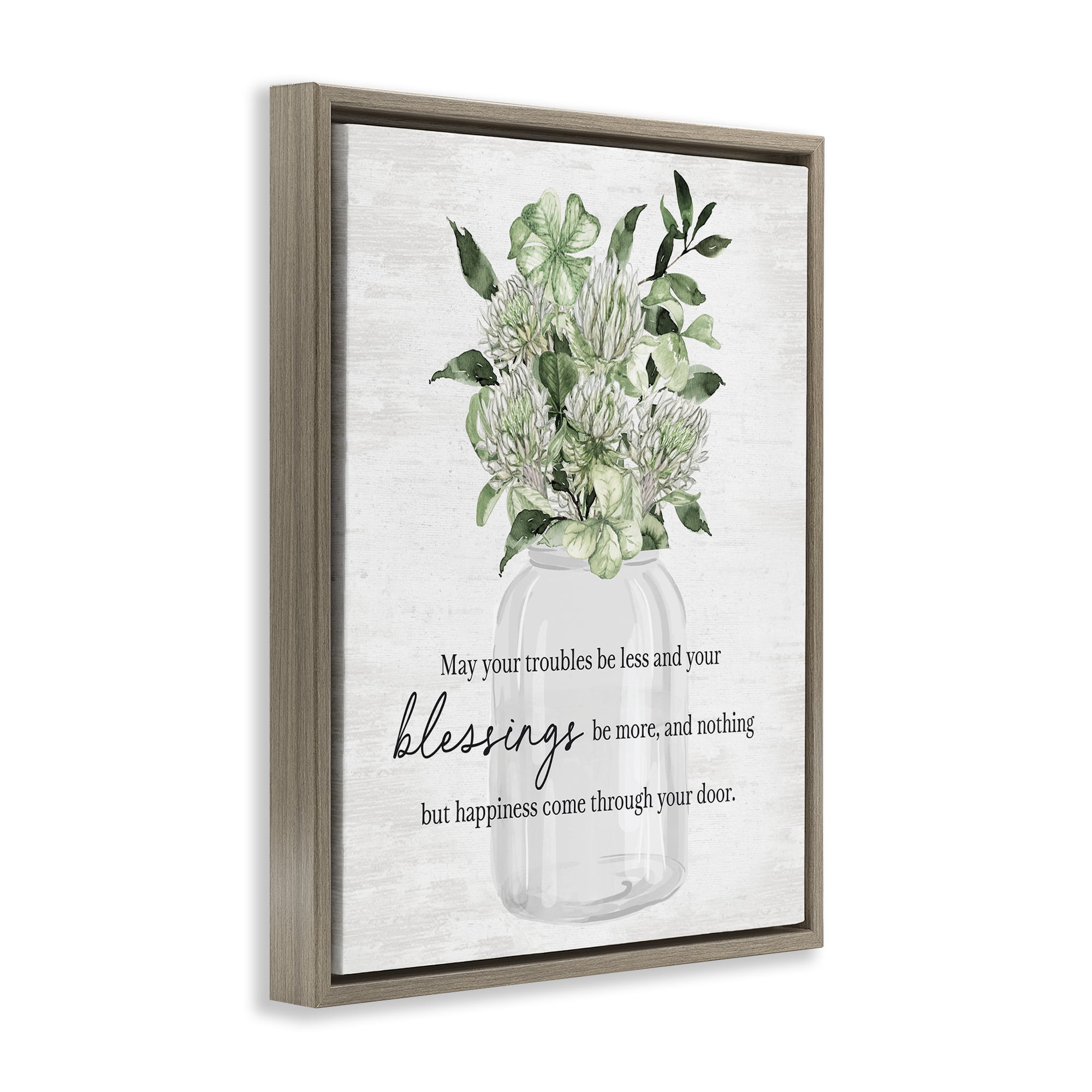 Stupell Industries Lucky Clover Blessing Botanical & Floral Painting Brown Floater Framed Canvas Art Print Wall Art, 17 x 21