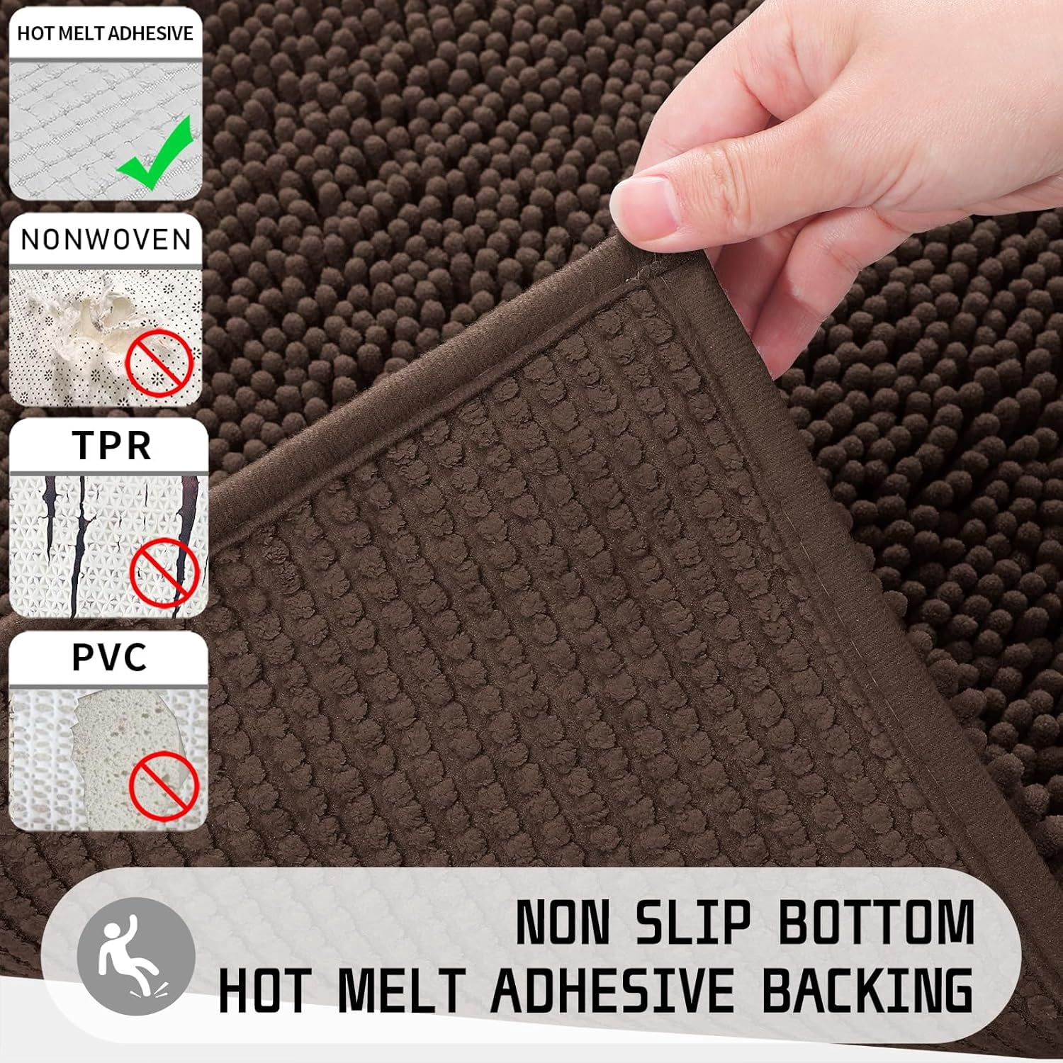 Bathroom Rug Mat, 32'' x 20'', Luxury Chenille Shaggy Bath Rugs, Extra Soft & Thick, Absorbent Water, Non-Slip, Machine Washable, Bath Mats for Bath Floor,Tub and Shower, Brown