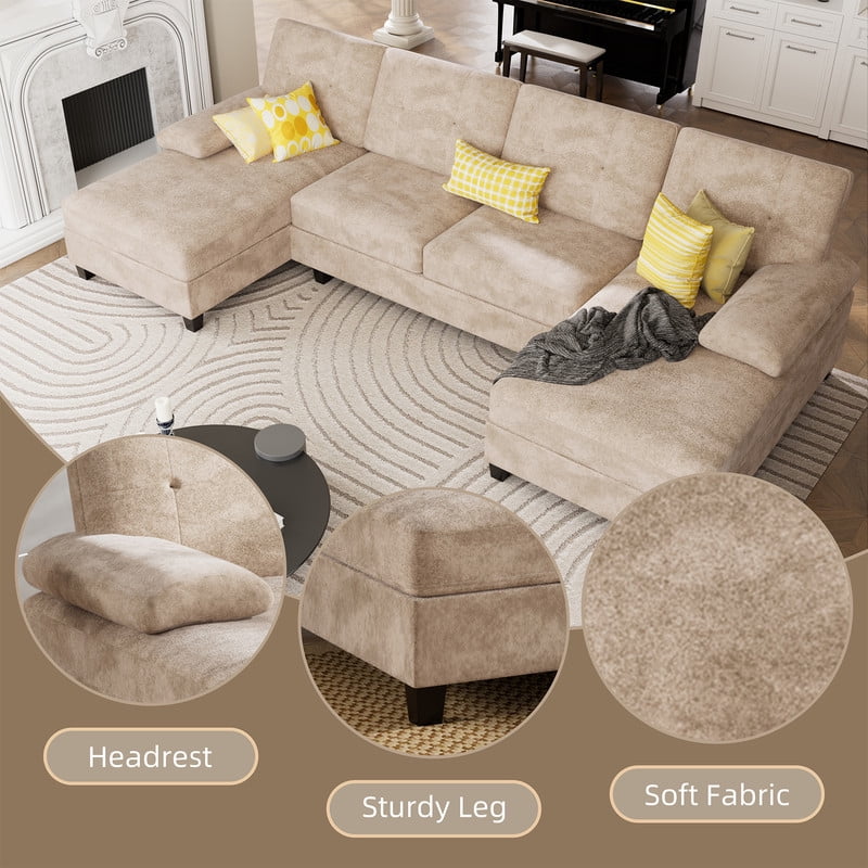 Walsunny Modern U-Shaped Sectional Sleeper Sofa with 4 Deep Seat, Modular Cloud Oversized Sofa Couch with Chenille Fabric & Double Chaise for Apartment, Khaki
