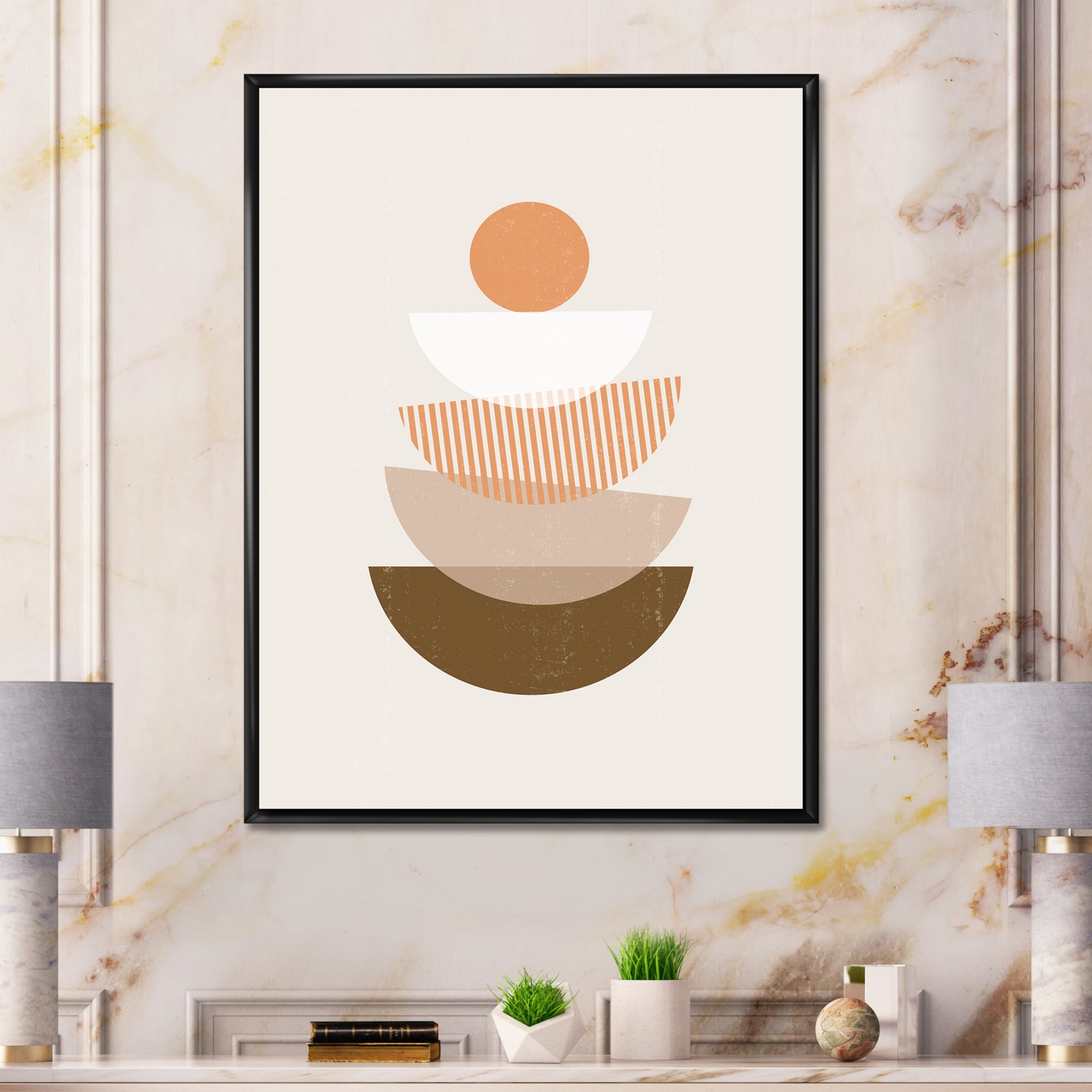 Designart 'Abstract Moon and Sun Geometrics In Terracotta I' Modern Framed Canvas Wall Art Print