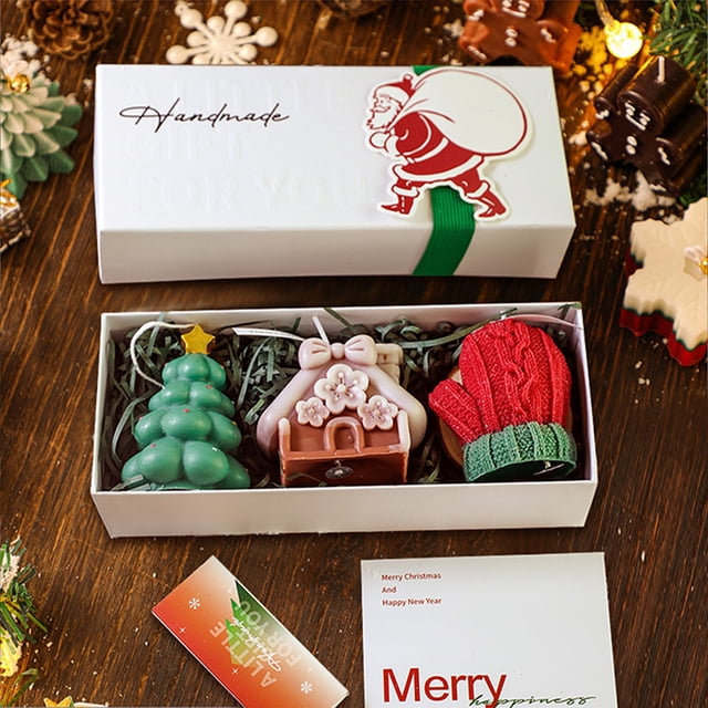 Set de regalo con velas perfumadas navideñas - Decoración de árbol de Navidad, cabaña y guantes con aroma festivo, centro de mesa navideño de 3 piezas