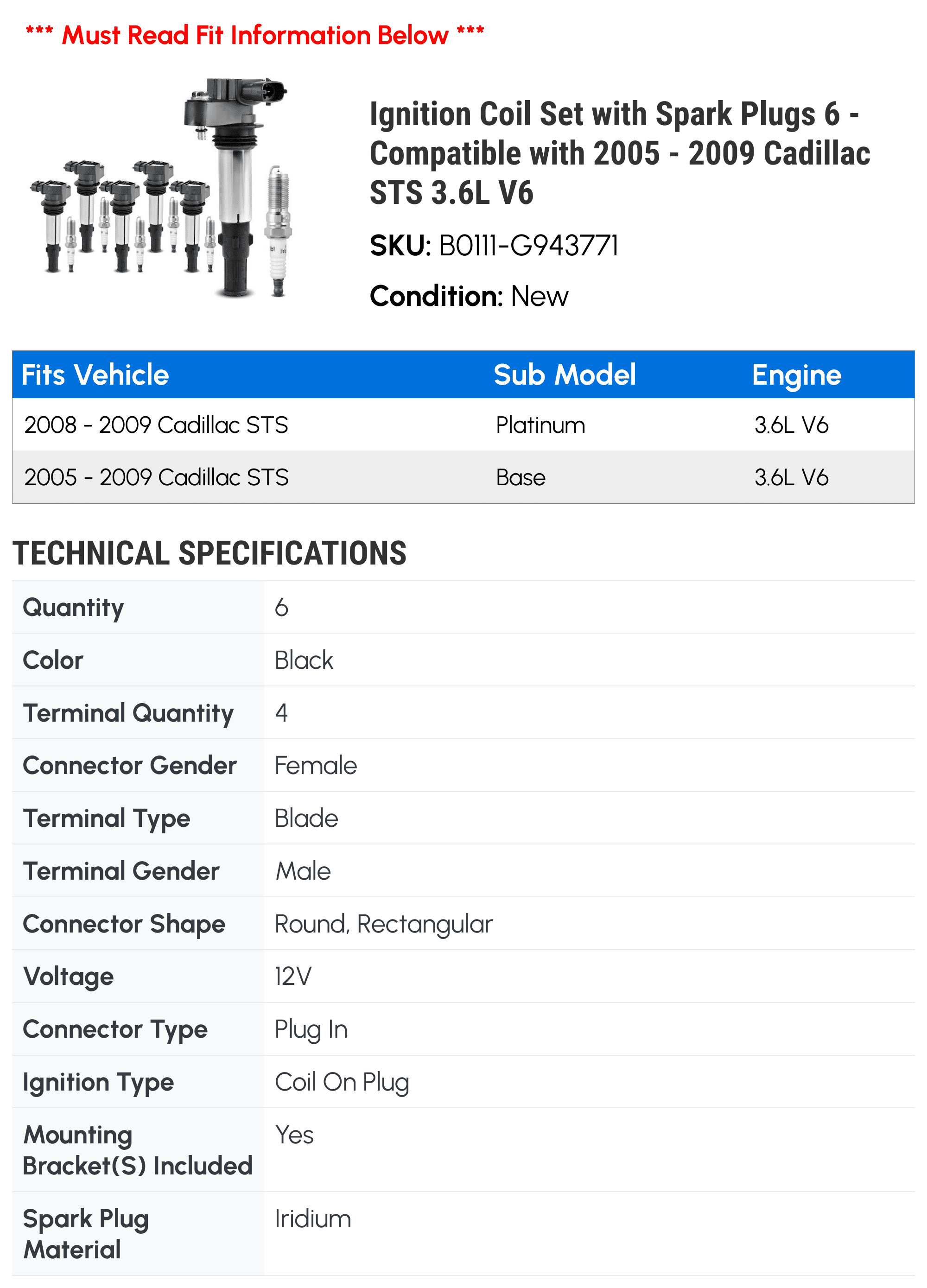 Ignition Coil Set with Spark Plugs 6 - Compatible with 2005 - 2009 Cadillac STS 3.6L V6 - Autopart Premium